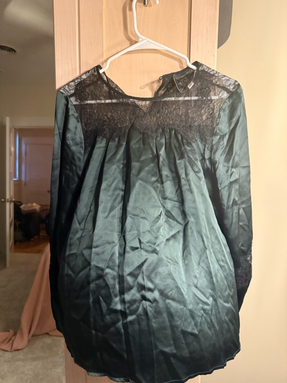 Johnny Was Emerald Green Satin Top with Black Lace Yoke